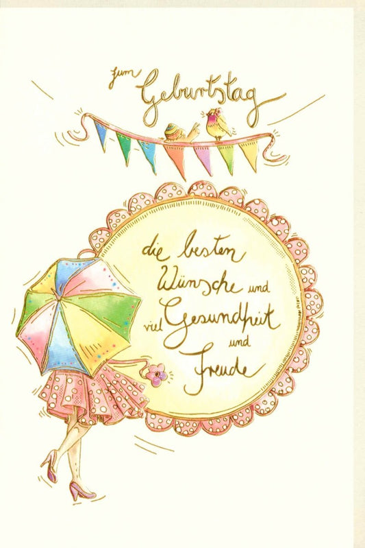 Geburtstagskarte: Vintage Design mit Pastell - Regenschirm, Eleganter Schriftzug & Girlande - Wünsche für Gesundheit und Freude