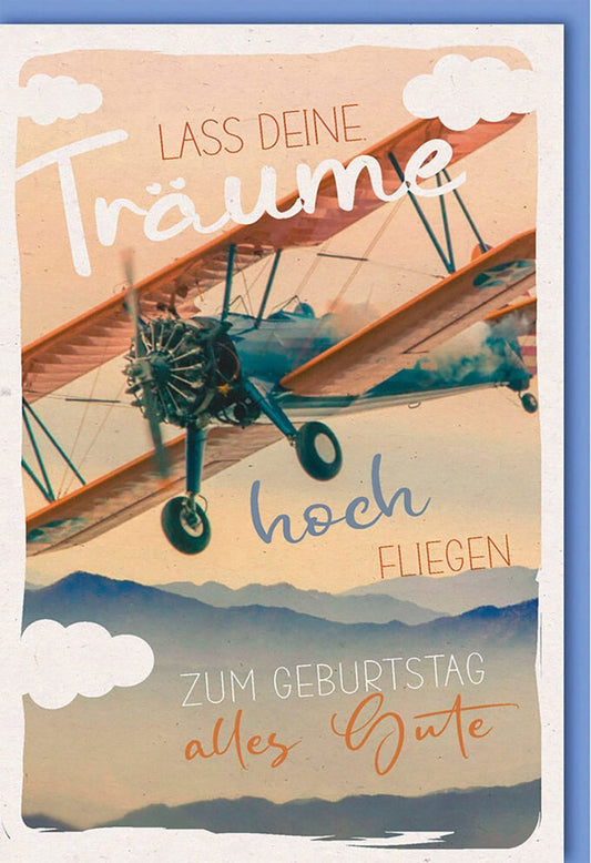 Geburtstagskarte Vintage Flugzeug - Retro Design für Träumer, Abenteuer im Himmel, Hochfliegen Geburtstagsgruß zum Gratulieren und Träume schenken