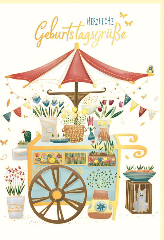 Geburtstagskarte Vintage Wagen & Blumen - Naturkarton mit Goldfolie, Blindprägung - Elegante Glückwünsche für Frauen, Gelb - Perfektes Geschenk