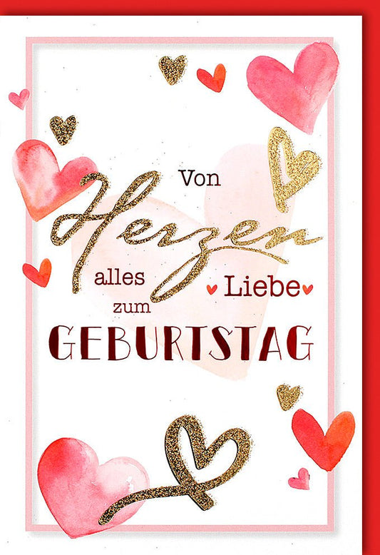 Geburtstagskarte von Herzen alles Liebe zum Geburtstag mit goldenen Glitzerelementen und roten Aquarellherzen für persönliche Glückwünsche