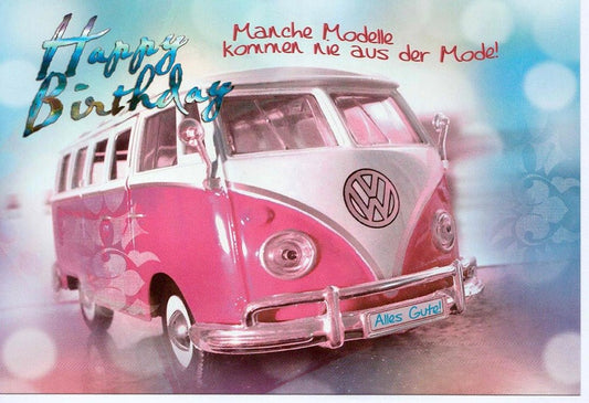 Geburtstagskarte VW Bulli Retro Pink Happy Birthday Doppelkarte mit Spruch und Umschlag originelle Glückwunschkarte Geburtstag