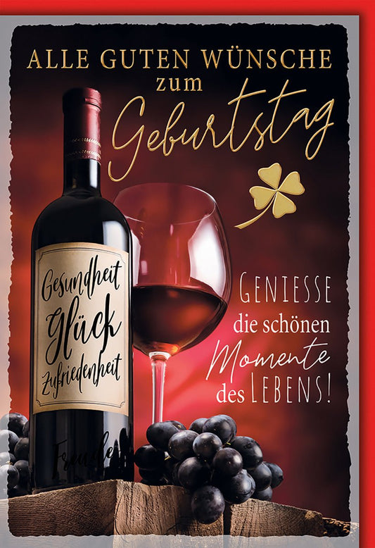 Geburtstagskarte Weinliebhaber – Rotweinflasche mit Trauben und Glücksklee - Design