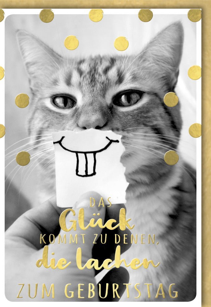 Geburtstagskarte – Witzige Katzenkarte in Gold mit Punkten und originellem Spruch