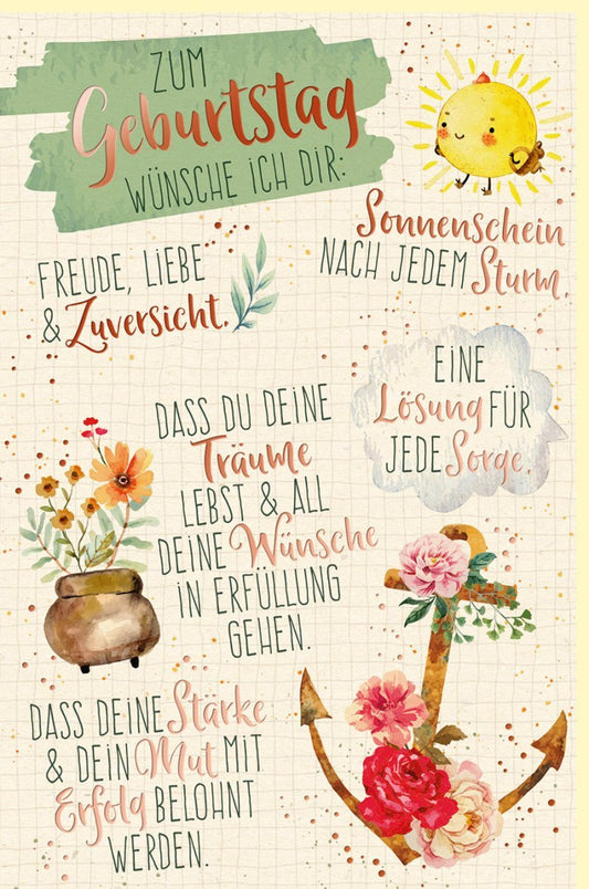 Geburtstagskarte - Wünsche voller Liebe, Sonnenschein & Freude für Erfolg und Träume