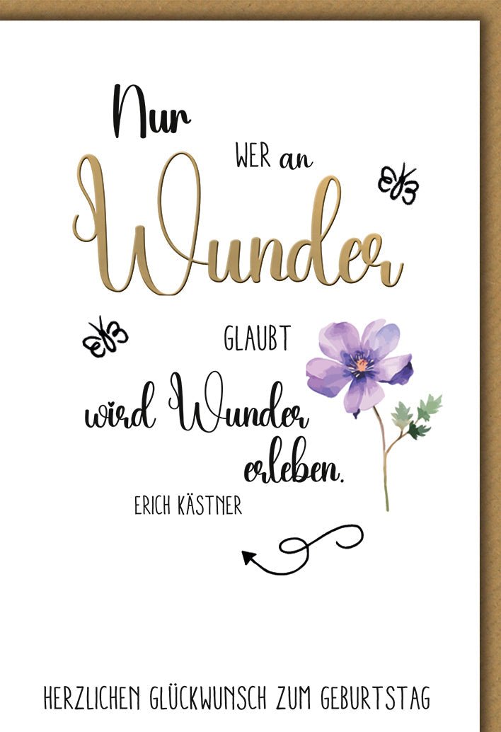 Geburtstagskarte Zitat – Aquarellblume mit Erich Kästner Spruch und Schmetterlingen