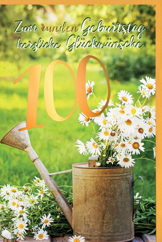 Geburtstagskarte zum 100. Geburtstag: Naturdesign mit Blumen und Gießkanne für ein besonderes Jubiläum