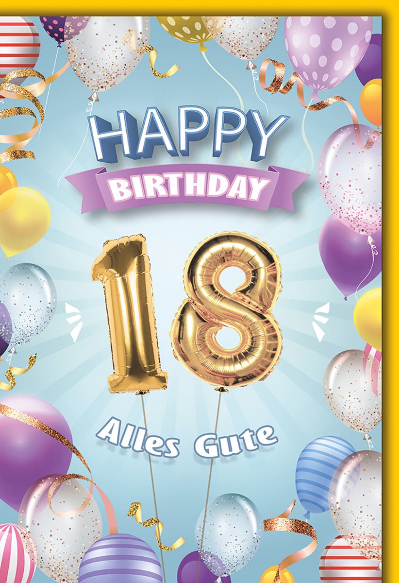 Geburtstagskarte zum 18. Geburtstag – Bunte Ballons & Goldene Zahlen, Fröhliches Design für Jugendliche