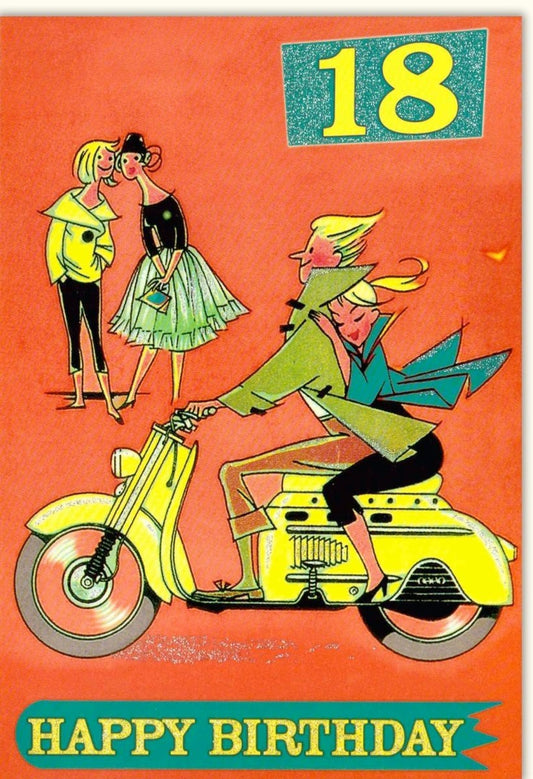 Geburtstagskarte zum 18. - Retro Roller Design, Bunte Glückwünsche für Männer & Frauen, Einladung zur Feier des Erwachsenwerdens
