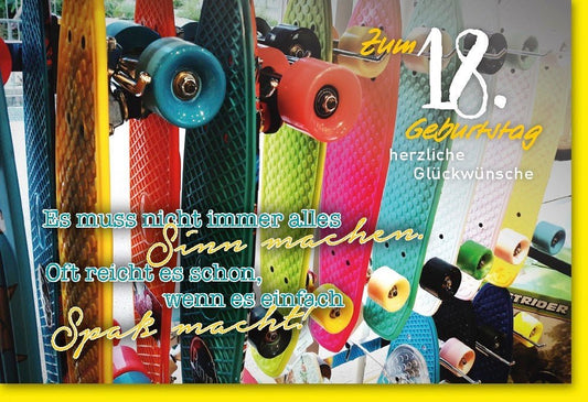 Geburtstagskarte zum 18. – Skateboard - Design für Jugendliche, voller Farbe und Freude