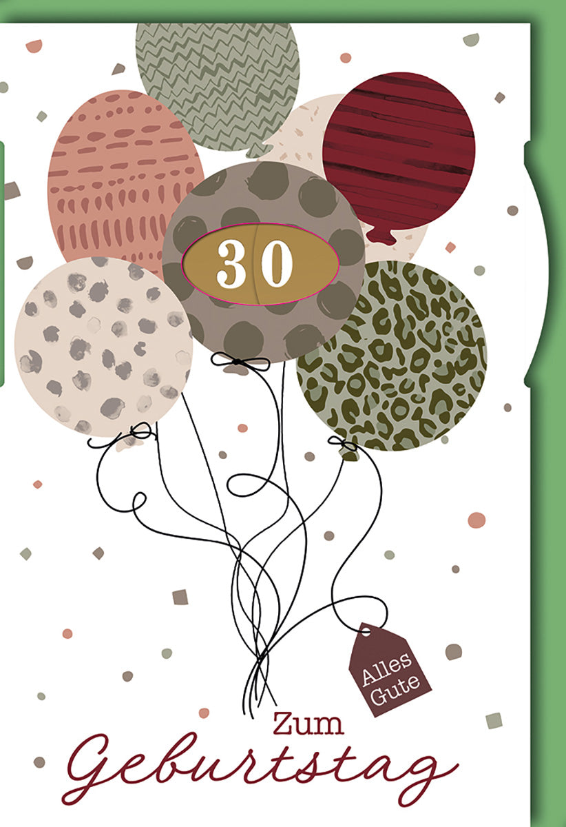 Geburtstagskarte 30 Jahre – Bunte Ballons mit Muster und "Alles Gute"-Anhänger