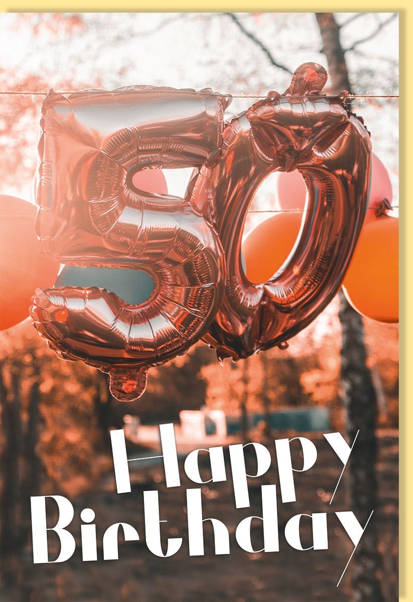Geburtstagskarte zum 50. Jubiläum: Elegante Karte mit goldener Zahl und festlicher Ballon - Dekoration