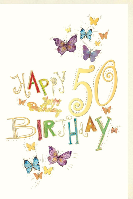 Geburtstagskarte zum 50. Jubiläum - Stilvolles Design mit Goldzahl und Schmetterlingen für den besonderen Tag