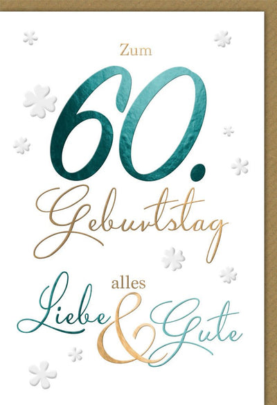 Geburtstagskarte zum 60. - Stilvolle Glückwunschkarte in Schreibschrift mit Kleeblättern, Festliche Dekoration für den Sechzigsten Geburtstag