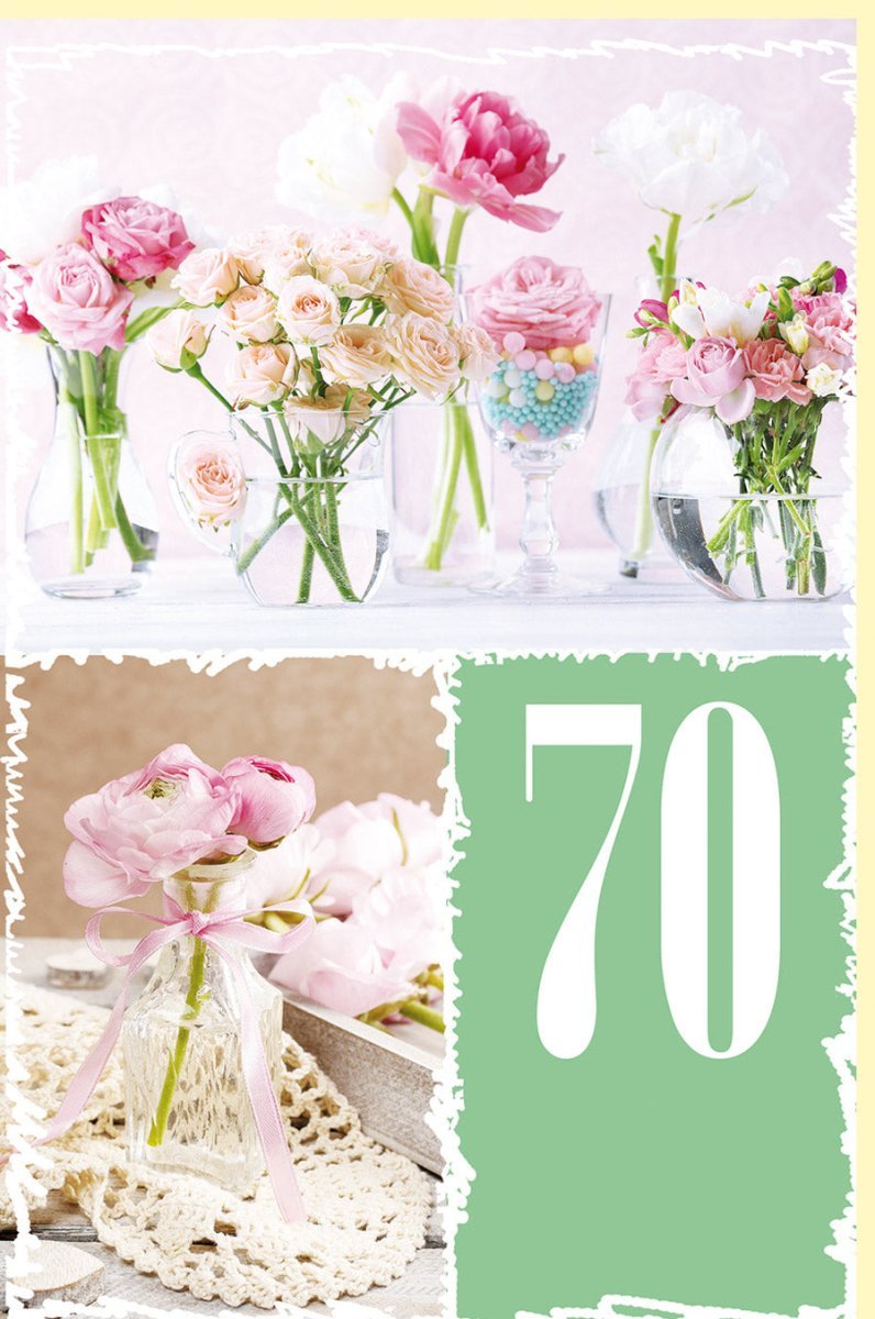 Geburtstagskarte zum 70. Jubiläum – Elegante Karte mit Rosen & Vasen, Pastellfarben für Frauen, Festliche Tischdekoration