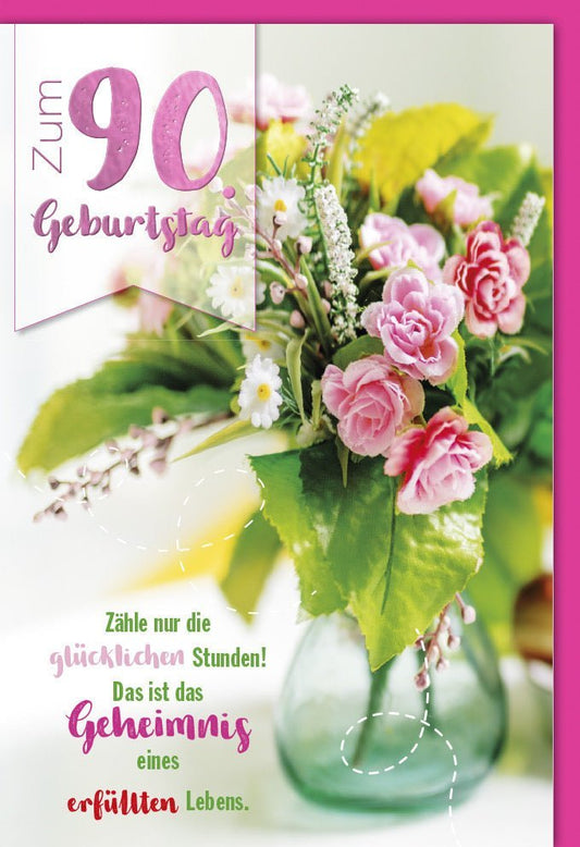Geburtstagskarte zum 90. Geburtstag - Elegante Glückwünsche mit Blumenmotiv in Rosa & Grün, Zahlendesign