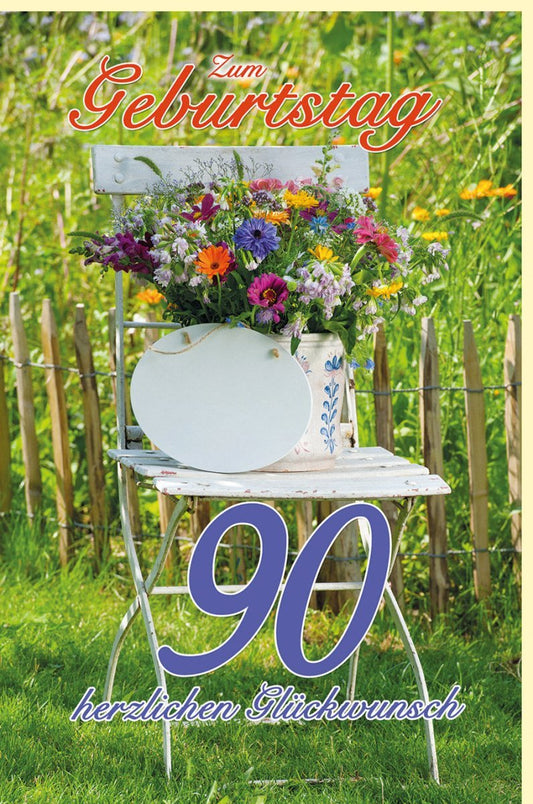 Geburtstagskarte zum 90. Geburtstag - Sommergartenstuhl & Blumenstrauß Design, Glückwünsche