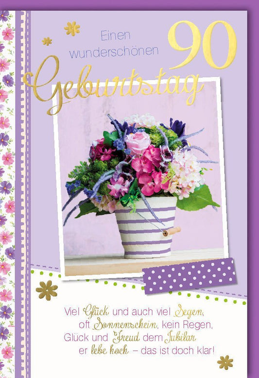 Geburtstagskarte zum 90. Geburtstag - Stilvolle Karte mit Blumenstrauß, Lila & Gold Akzenten, Festlicher Gruß