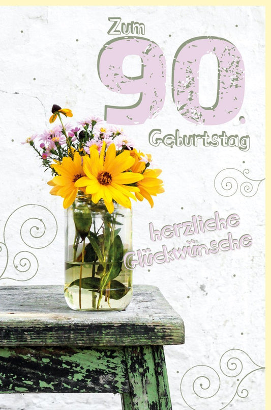Geburtstagskarte zum 90. - Vintage Blumenstrauß in Gelb, Herzliche Glückwünsche & Feierlichkeit