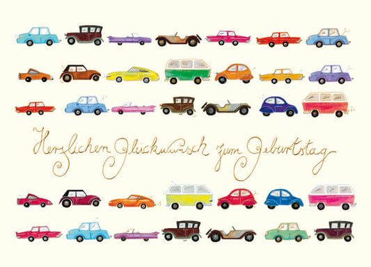Geburtstagspostkarte Autos - Herzliche Glückwünsche zum Ehrentag