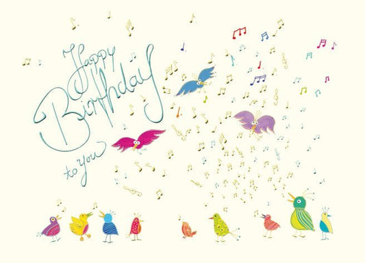 Geburtstagspostkarte: Fröhliche Vögel singen zum Ehrentag
