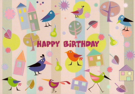 Geburtstagspostkarte: Fröhliche Vögel und bunte Häuser für einen besonderen Happy Birthday Gruß