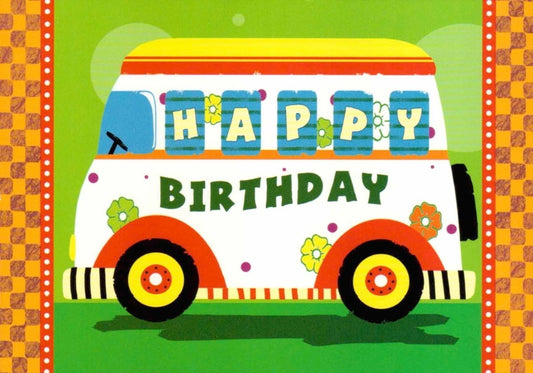 Geburtstagspostkarte für Kinder mit buntem Bulli - Motiv, liebevoll illustriert