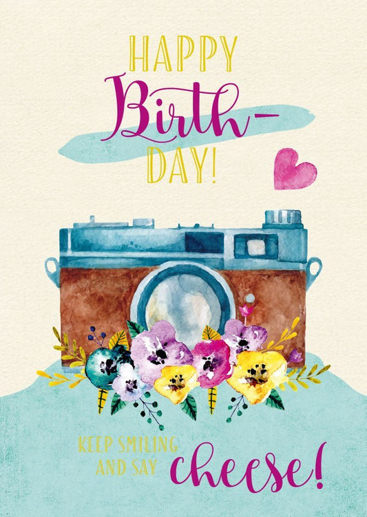 Geburtstagspostkarte: Lächeln und Käse! Feiere deinen Tag mit einem strahlenden Grinsen!