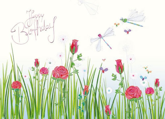 Geburtstagspostkarte mit Blumenwiese und Schmetterlingen für fröhliche Grüße