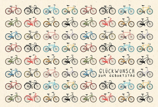 Geburtstagspostkarte mit bunten Fahrrädern aus nachhaltigem Zuckerrohrpapier