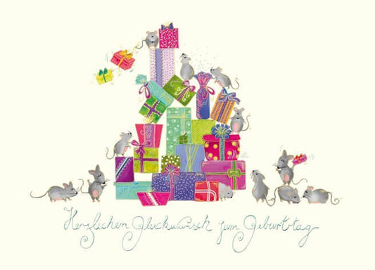 Geburtstagspostkarte mit fröhlichen Mäusen – Bunte Illustration für Spaß & Freude, Perfekt für Geschenke & Feiern