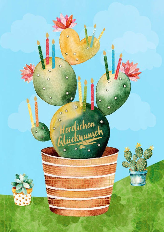 Geburtstagspostkarte mit Kaktus und Kerzen - Herzliche Glückwünsche für den besonderen Tag