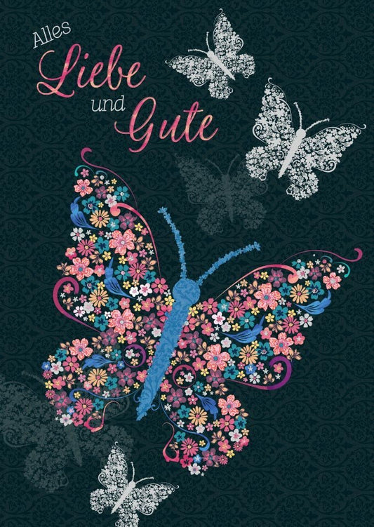Geburtstagspostkarte mit Schmetterlingen und Blumen – Farbenfrohes Vintage - Design voller Freude und Herzlichkeit
