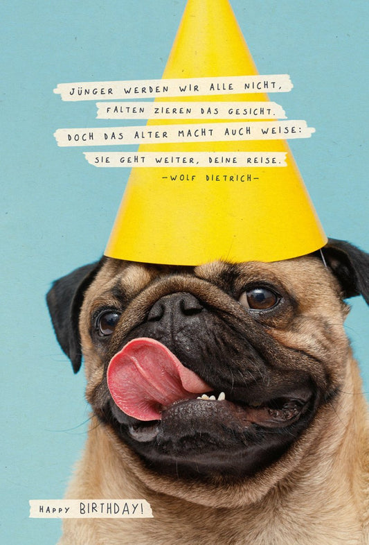 Geburtstagspostkarte Mops mit Partyhut aus Zuckerrohrpapier – Einzigartige Glückwünsche senden