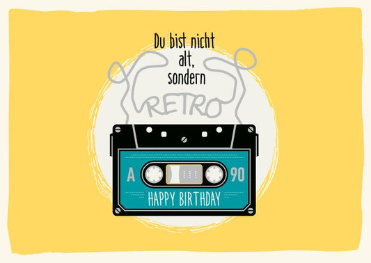 Geburtstagspostkarte Retro Kassettendesign mit witzigem Spruch für Musikliebhaber und Nostalgiefans