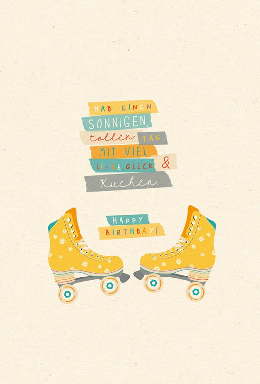 Geburtstagspostkarte Rollschuhe aus nachhaltigem Zuckerrohrpapier