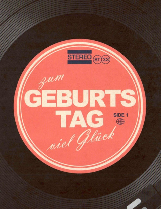 Geburtstagspostkarte Vintage Schallplatte - Retro Vinyl Design in Schwarz - Rot mit Festlichem Schriftzug