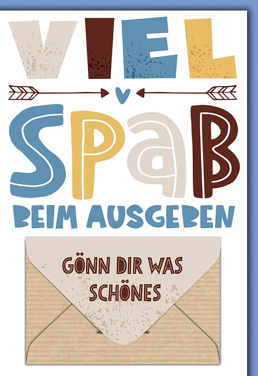Geldgeschenkkarte Viel Spaß – Bunte Typografie mit Umschlag und humorvollem Spruch