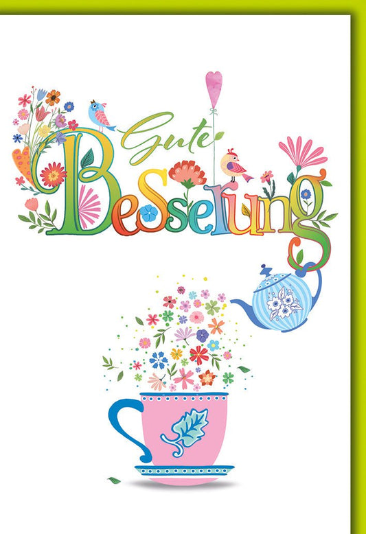 Genesungskarte Fröhlich – Bunte Teetasse mit Blumen und Vögeln im verspielten Design
