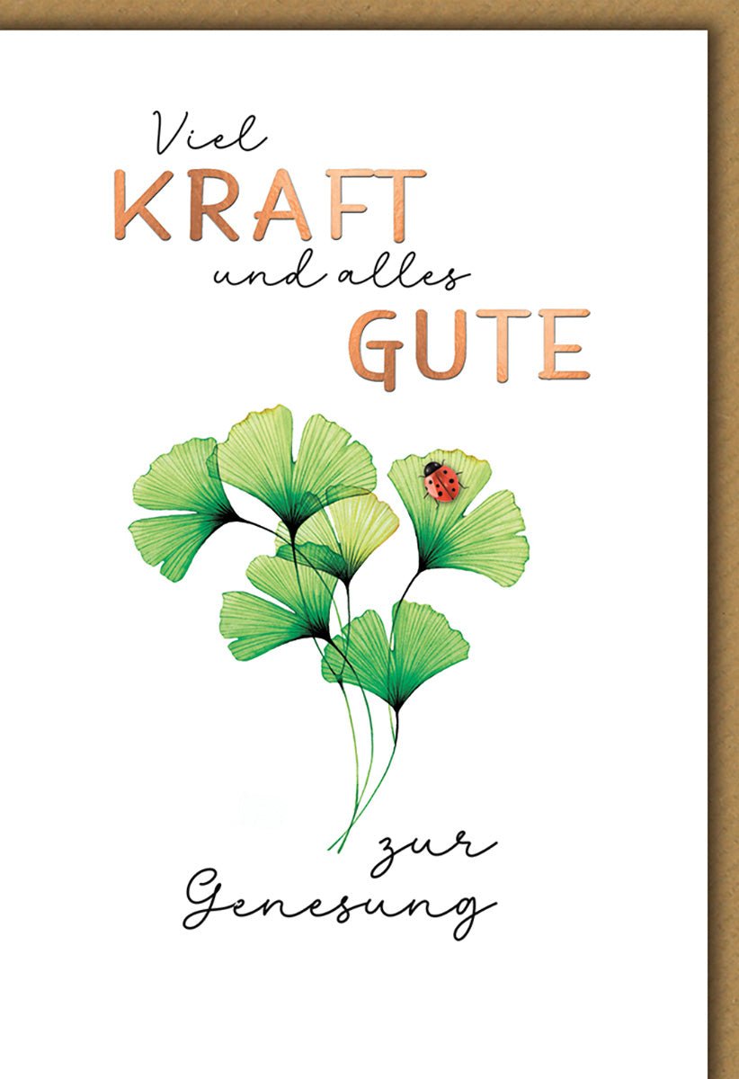 Genesungskarte Kraftvoll – Ginkgo - Blätter mit Marienkäfer und handgeschriebenem Text