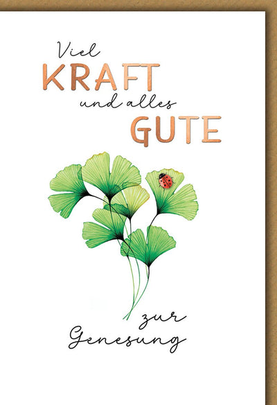 Genesungskarte Kraftvoll – Ginkgo-Blätter mit Marienkäfer und handgeschriebenem Text