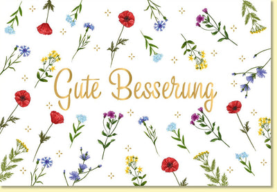 Genesungskarte mit Blumenmotiv und Schriftzug Gute Besserung farbenfrohe Doppelkarte für schnelle Genesung und herzliche Genesungswünsche