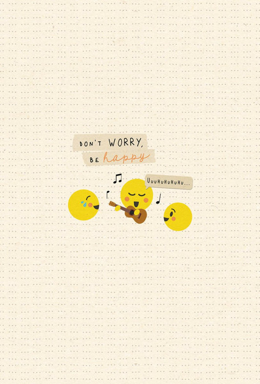 Genesungskarte mit lustigem Smiley Motiv und Spruch Don't Worry Be Happy fröhliche Postkarte für gute Besserung und Aufmunterung