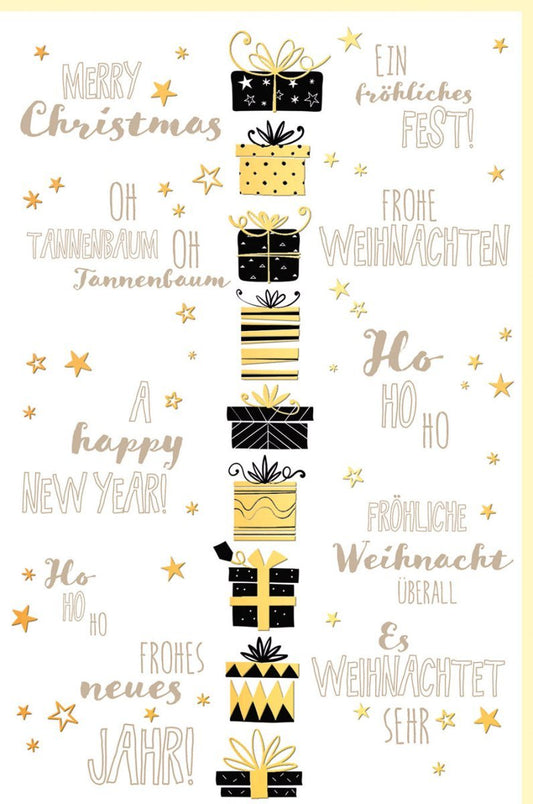 Geschäftliche Weihnachtskarte: Elegante Festtagsgrüße in Gold & Schwarz mit Tannenbaum und Sternen – Luxuriöse Qualität für besondere Anlässe