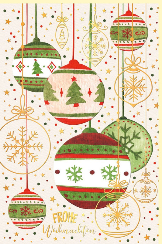 Geschäftliche Weihnachtskarte mit Goldfolie - Festlicher Baumschmuck in Rot, Grün & Gold für Familie & Freunde