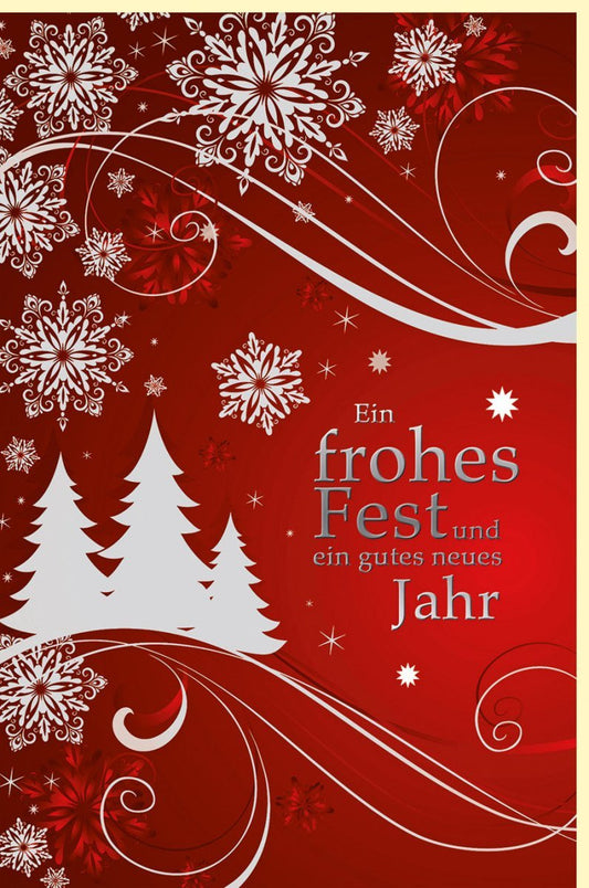 Geschäftliche Weihnachtskarte mit Silberfolie: Schneeflocken & Tannen auf rotem Hintergrund, ideal für festliche Grüße und Neujahrswünsche.