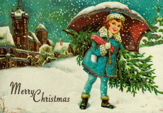 Glitzernde Weihnachtspostkarte: Mädchen mit Schirm im Schneegestöber