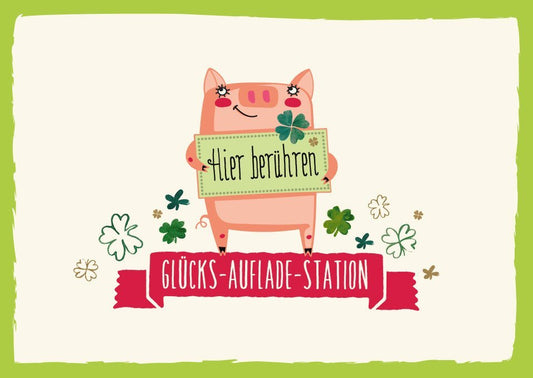 Glücksbringer - Postkarte: Humorvolle Aufmunterung mit süßem Schwein und Kleeblättern für Freunde, Familie oder Kollegen