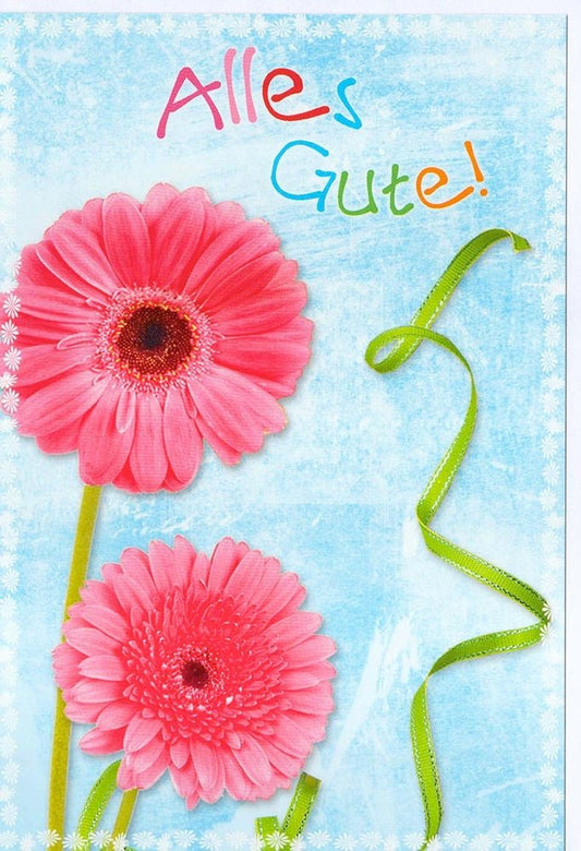 Glückwunschkarte Alles Gute mit buntem Schriftzug und zwei rosa Gerbera auf hellblauem Hintergrund für besondere Anlässe