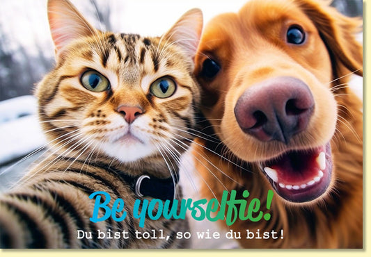 Glückwunschkarte Be yourselfie mit lustigem Katzen und Hund Selfie Motiv für besondere Glückwünsche originelle Doppelkarte