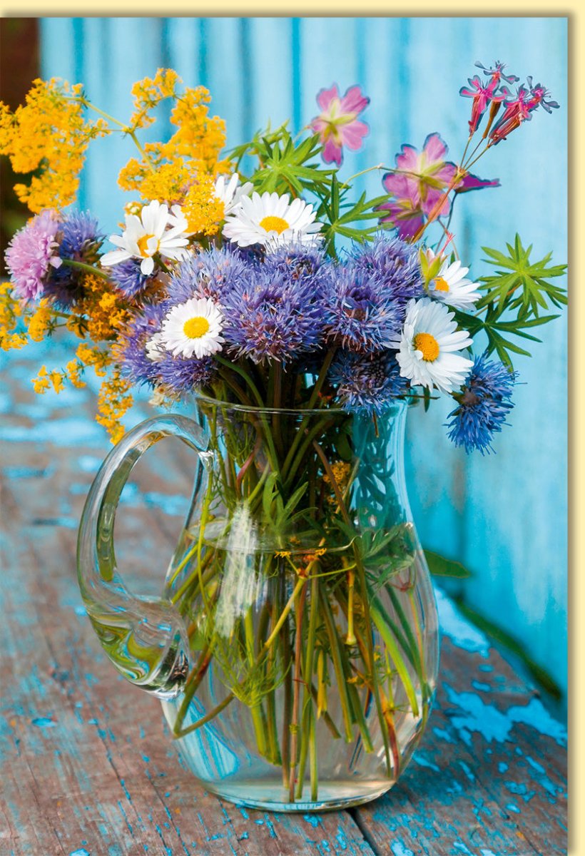 Glückwunschkarte Blumenstrauß im Glasvase mit Margeriten und Wildblumen farbenfroh für Geburtstag Jubiläum Grußkarten Doppelkarten
